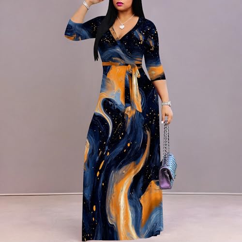 Image of PinkPatty Women's Print Maxi Dresses 3 /4 Sleeve Flowy Long Dress V Neck Wrap Tie Waist Sundress