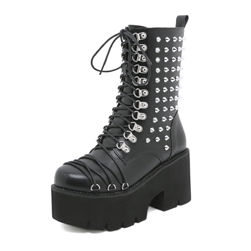 LRMYMHY Femmes Mode Bloc Talon Plateforme Combat Cheville Bottines Lacets Cloutés Bottes De Moto Bout Rond Bottes Mi-Mollet,Noir,39 EU