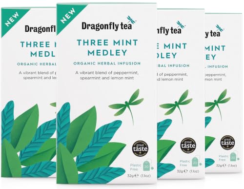 Image of Dragonfly Three Mint Medley - 4 x 20 Organic Tea Bags, Cool & Aromatic Spearmint, Lemon Mint & Peppermint Blend, Invigorating Herbal Infusion, Vibrant & Refreshing, Plastic Free