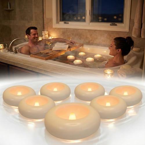 Aignis 6 Flameless LED Floating Candles, 3-Inch Plastic Battery Operated Tealights, Glow Time Over 200 Hours, Cozy Romantic White Light, Suitable for Pool/Bathtub/Hot Bath/Wedding Centerpiece Decor