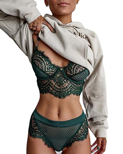 Sonze Women Fashion Charm Sexy Lingerie Set,Women Sexy Lingerie Charming Sleepwear,Lace Sexy Lingerie, Hollow deep V Dark Green Pajamas,Green,M