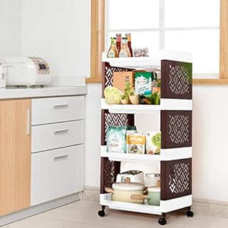 Bathroom Storage Trolley, 4 Tier Trolley Cart, Kitchen Storage Trolley, Plastic Storage Shelving Unit, Rolling Utility Carts Multi-Purpose for Bathroom, Bedroom, Kitchen, Living Room