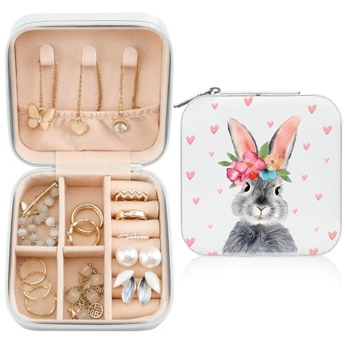 MAYCARI Caixa de joias com design de estampa de coelho fofo, estojo organizador de joias de couro PU - anéis/brincos/colar caixa de armazenamento para mulheres, aniversário, mãe, amigas, damas de