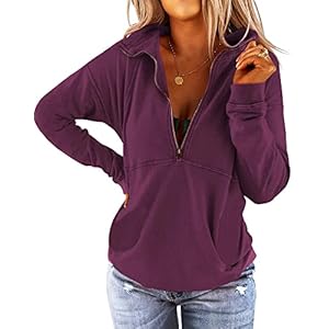 Floral Find Women’s Long Sleeve Lapel Half Zip Up Sweatshirt Solid Stylish Loose Fit Casual Pullover Tops
