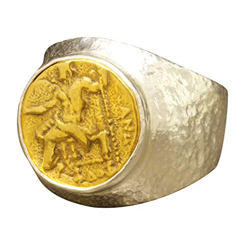 Caprixus 925 Sterling Silver Rings for Men & Women Greek Ancient Coin Signet Mens Rings 24K Gold Vermeil Handmade Rings Two Tone Hammered Ring for Men