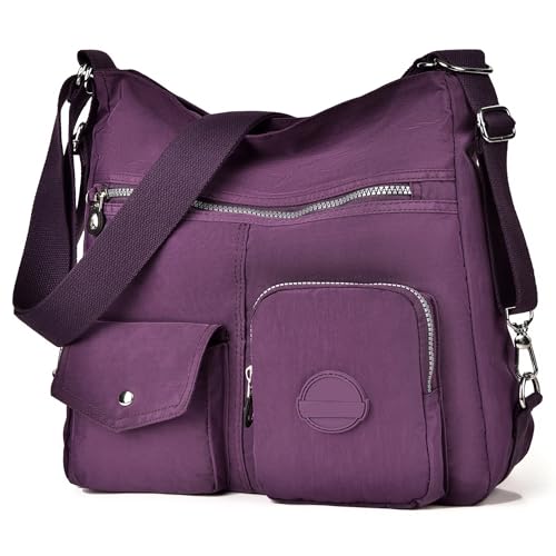 Multipurpose Hobo Purse for Women with Antitheft RFID, Waterproof Nylon Crossbody Bag Shoulder Handbag, Convertible Backpack, Purple, Large