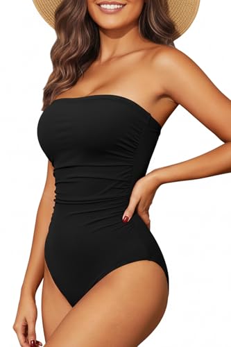 Holipick Women Black One Piece Swimsuits Tummy Control Bathing Suits Halter Strapless Bandeau Swimwear M