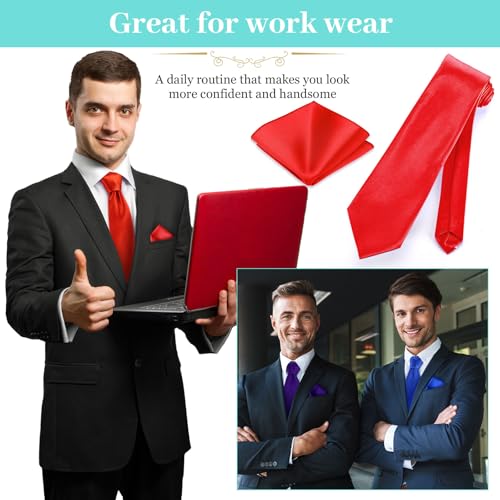 Image of Zhanmai 48 Pcs Men Solid Color Ties and Pocket Square Set Satin Necktie Business Handkerchief for Wedding Party