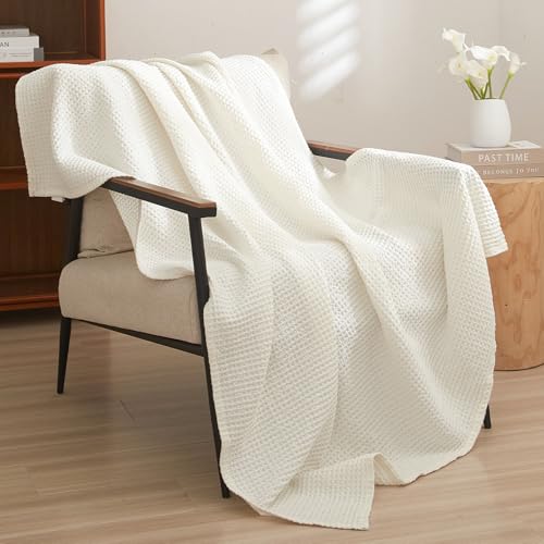 Image of PHF Pre-Washed Cotton Waffle Weave Blanket Throw Size for Couch Bed,Snag Proof Spring Summer Lightweight Breathable,Oeko-TEX Certified,Machine Washable, Home Decor Gift,Cream