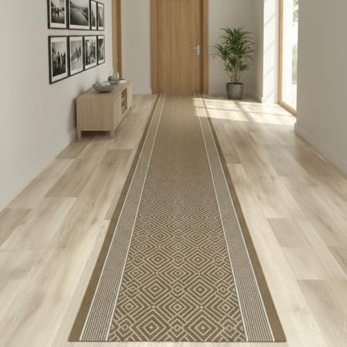 Alfombra pasillera Diamantina Antideslizante, cortable sin Ribetes, diseño de Rombos. Ideal para escaleras, entradas, pasillos y Cocina (marrón 67x450 cm)