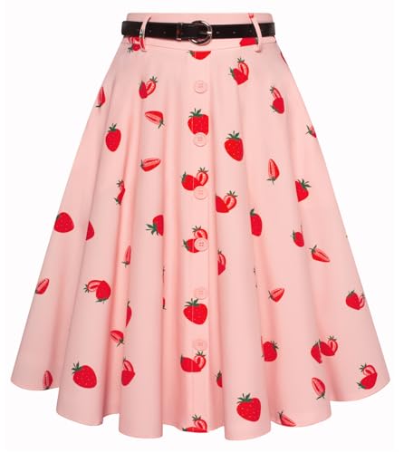 Belle Poque Women's Skirts Vintage High Waisted A-Line Midi Skirts with Pockets & Belts