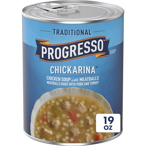 Image of Progresso Traditional Chickarina Canned Soup, 19 oz | White Meat Chicken, Pearl Pasta, Tiny Pork & Turkey Meatballs, 120 Calories per Serving, No Artificial Flavors or Colors