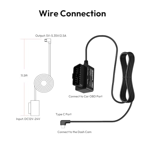 BOTSLAB Dash Cam OBD Hardwire Kit Power Cable Type USB C Port, for Botslab Dash Camera, Low Voltage Protection, Supports Parking Mode — view 6