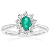 Naava Women's 18 ct White Gold Round Brilliant Cut 0.33 ct Diamond Cluster and Emerald Ring, Size N