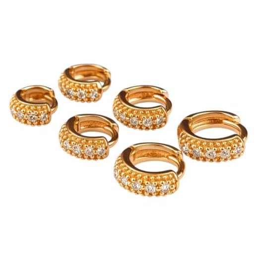 Kit Trio de Brincos de Argolas 1 2 3 Furos Dourados Cravejados em Zircônias Folheados a Ouro com Três Tamanhos, Pequeno, Médio e Grande com Fecho Tipo Click