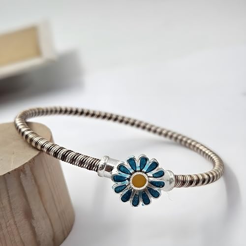 Image of Elegant Silver Green Enamel Floral Bracelet for Women