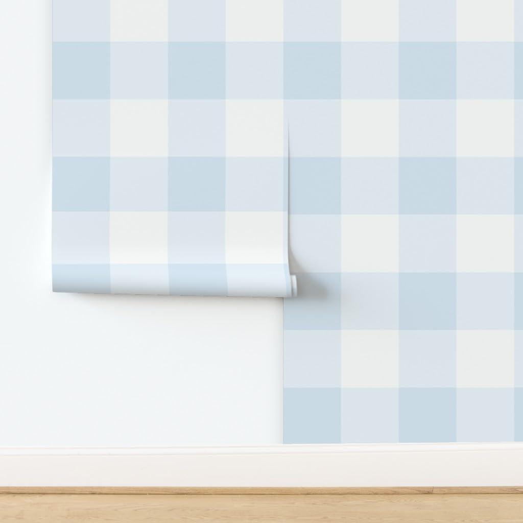 Peel & Stick Wallpaper Swatch - Blue Gingham Check Large Scale Classic Buffalo Plaid 6 Inch Powdery French Country Cottagecore Custom Removable Wallpaper by Spoonflower