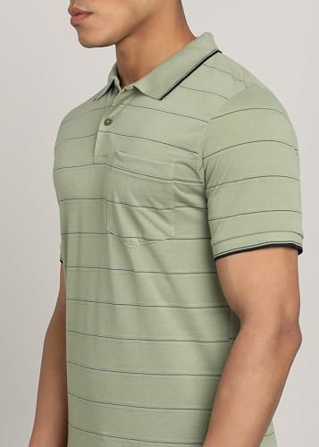 Image of INKKR Men Striped Polo Neck Cotton Blend T-Shirt
