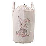 LifeCustomize Large Laundry Basket Hamper Floral Rabbit Bunny Collapsible Drawstring Round Clothing