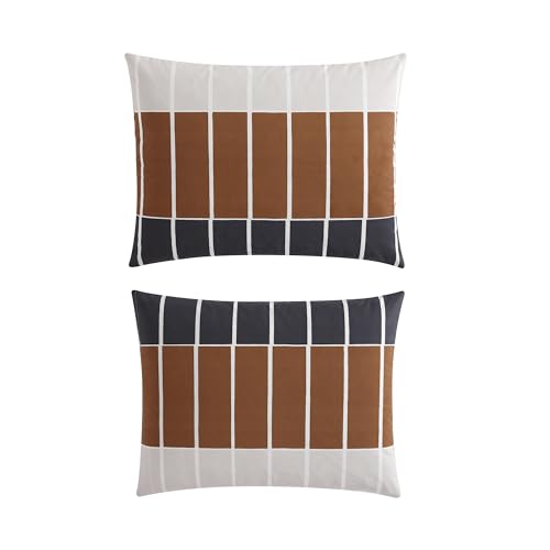 Image of MARIMEKKO - Queen Duvet Cover Set, Organic Cotton Bedding with Matching Shams, Modern Home Decor, GOTS Certified (Tiiliskivi Raita Charcoal, Queen)