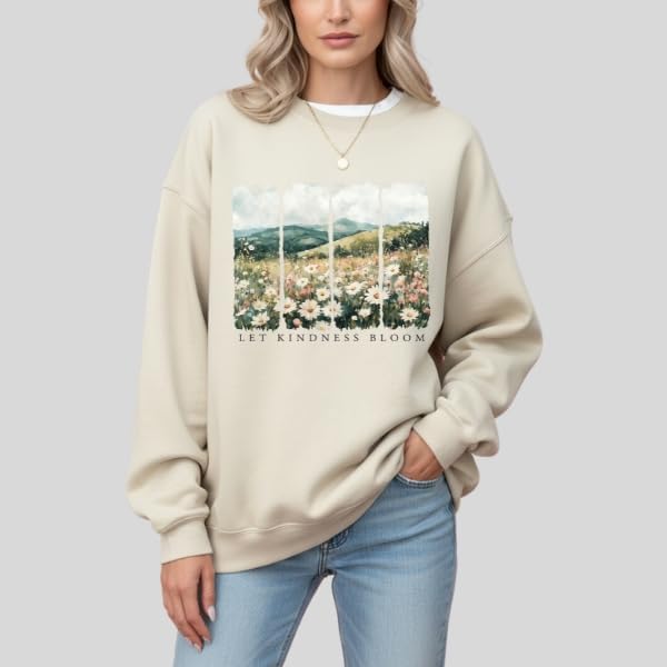 FITIN Let Kindness Bloom Floral Landscape Sweatshirt – Vintage Wildflower Meadow Graphic Cozy Crewneck