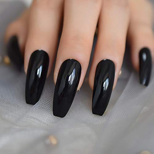 Extra Long Coffin Nails Black Shiny Fake Nail Long Ballerina Nails For Party Full Cover Artificial Tips With Glue Sticker #TOP27