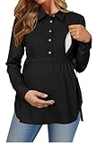 OUGES Women's Maternity Nursing Shirts Long Sleeve Belted Collared Hidden Zippers Breastfeeding Blouse Button Down Work Office Business Casual Pregnancy Must Haves Tops Clothes(Black,M)