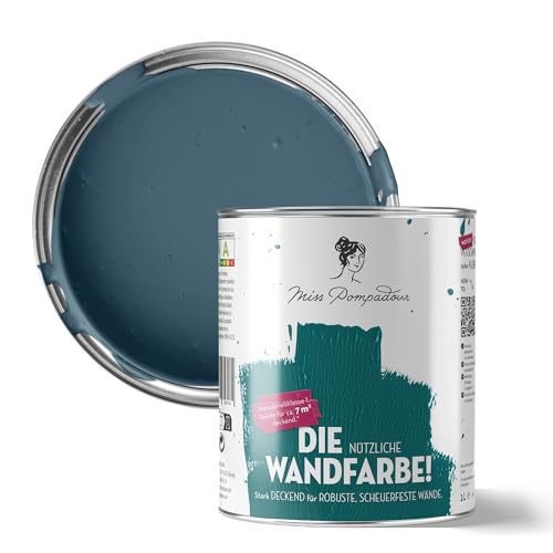 MissPompadour abwaschbare Wandfarbe Blau mit Jeans 1L - hohe Deckkraft & Ergiebigkeit - matte, scheuerbeständige Innenfarbe - geruchsarm, wasserbasiert, atmungsaktiv - Die Nützliche