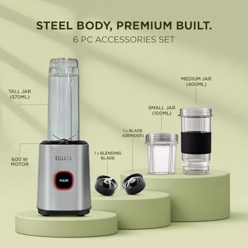 Image of Sujata Nutromatic 600 Watt Electric Blender | Personal Blender for Smoothies, Juices & Nutritious Drinks with 3 Multipurpose Jars Including Travel Jar