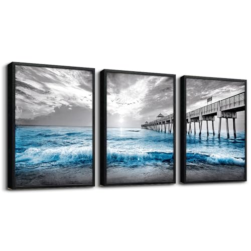 Black Framed Wall Decorations For Living Room Canvas Wall Art For Bedroom Office Wall Decor Black And White Wall Painting Blue Ocean Sea Wave Pictures Artwork For Modern Posters Prints Home Decor