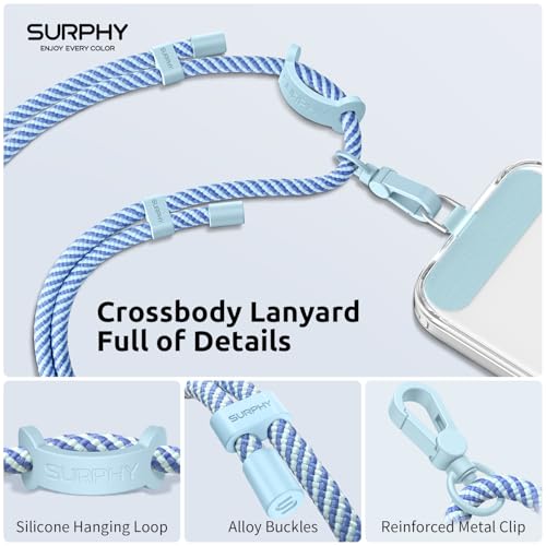 Image of SURPHY Phone Lanyard, Adjustable Phone Strap Crossbody with 2 Pack Phone Tether Tab, Premium Metal Buckles and Two-Color Braided Cell Phone Lanyard Crossbody for Women and Men, Deep & Light Blue