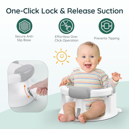 Image of Baby Bath Seat for Babies Sitting Up, Non-Slip Baby Bath Chair with Strong Suction Cups, Lockable Armrest & High Back 360 Safety Support, Ideal for Active Toddlers 6-24 Months, Gray