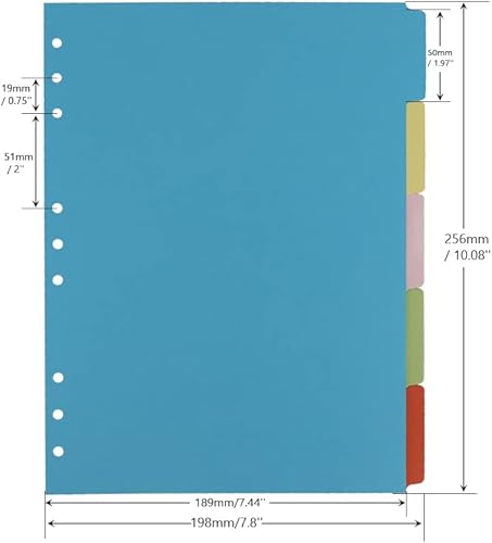 Miniatura 2 de Paquete de 4 separadores de índice de carpeta B5, 5 pestañas, 9 agujeros perforados de anillos redondos, agenda, insertos de papel para carpetas de