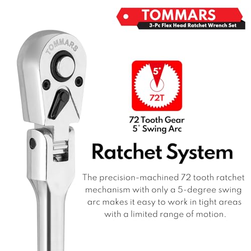 Tommars K1R95514 Flex-Head Ratchet Set, 1/4", 3/8", 1/2 Inch Drive Flexible Ratchet Handle Wrench 72-Tooth Quick-Release Reversible thumb #3