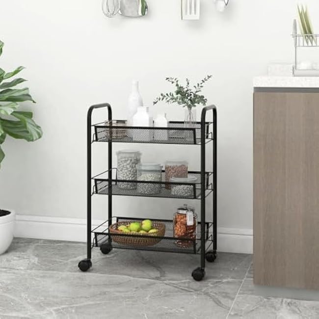 3 Tier Rolling Storage Cart,18.1 X 10.2 X 25.2in Rolling Cart Iron Kitchen Trolley Use for Home,Easy Assembly,Black-XEJJEiVP