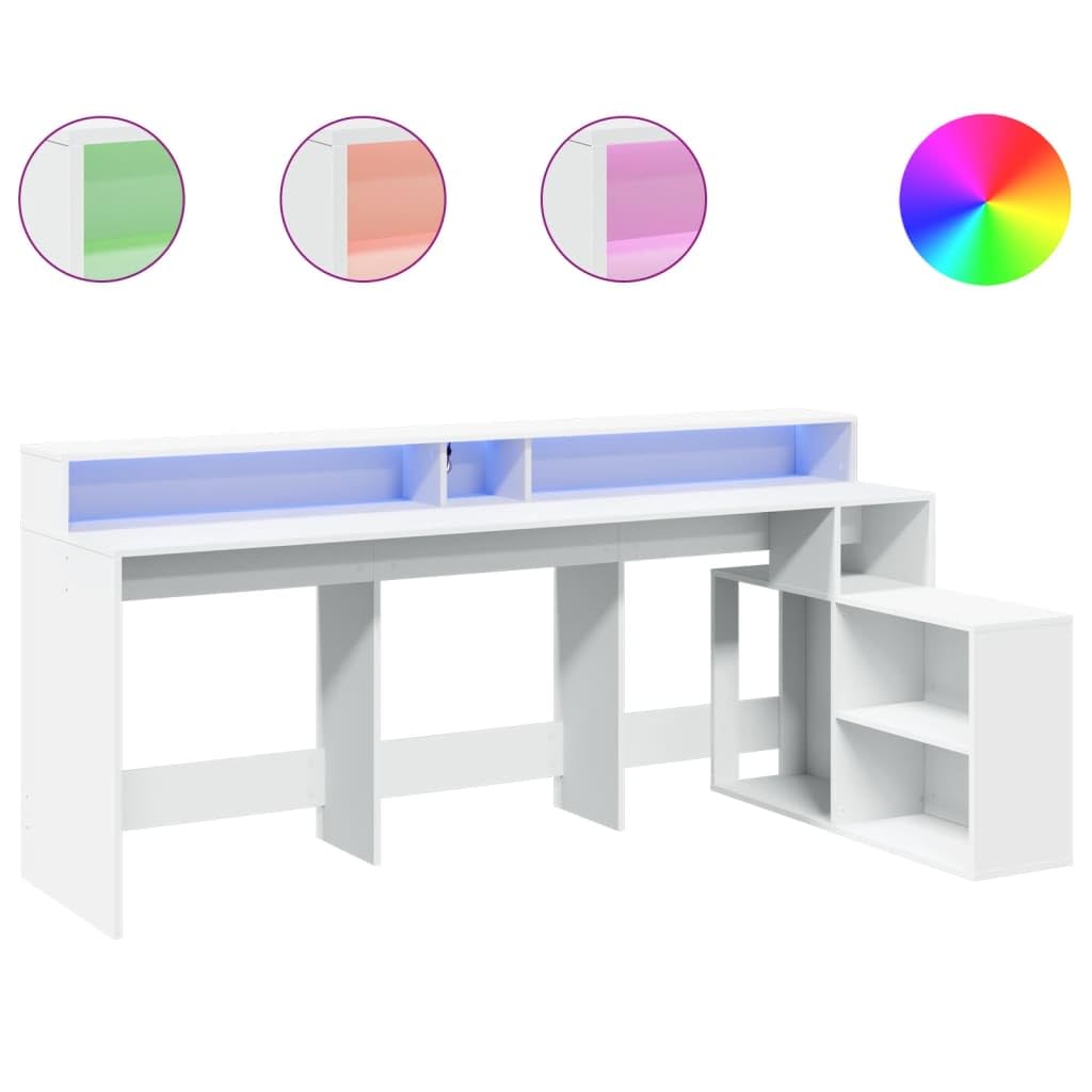 Scrivania LED bianca, 200 x 104 x 91 cm, materiale in legno, con illuminazione RGB, ampio spazio per gaming e ufficio