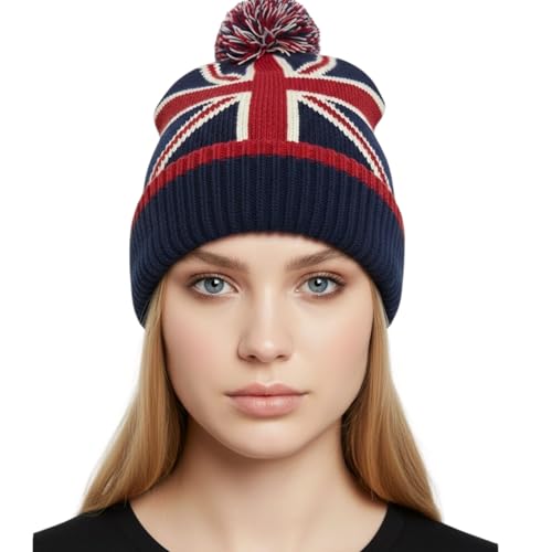 Hilto Union Jack Thermal Hat Knitted Hats Pom Pom Bobble Smart Fitting Hat Winter Warm England UK Flag Beanie Pom-Pom Cap