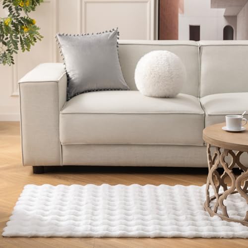 Ashler Faux Rabbit Fur Rug, White 3x5 FT Fluffy Soft Runner Area Rugs, Rectangle Fuzzy Carpet for Living Room, Bedroom, Machine Washable Shaggy Nursery - 3D Bubble Mat