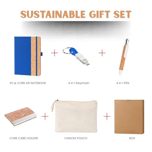 Image of 4 in 1 Diary Gift Set | A5 Cork Notebook | Stainless Steel Visiting Card Holder | 3-in-1 Charging Cable | Cork Pen & Canvas Pouch | Premium Eco-Friendly Gift Set for Professionals & Corporate Gifting | Gift Set for Men and Women