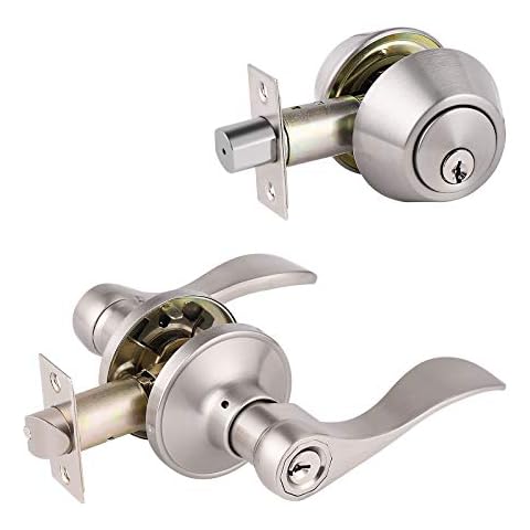 Gobrico Keyed Alike Entry Door Lock Set Handle and Double Cylinder Deadbolt Combo Door Handleset, Satin Nickel Finished Cover