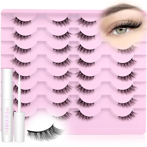 wiwoseo Half Lashes Natural Eyelashes with Glue Cat Eye Lashes Natural Look Eyelashes with Lash Glue Pestañas Postizas Naturales Half Eyelashes Kit with Clear Eyelash Glue 16 Pairs