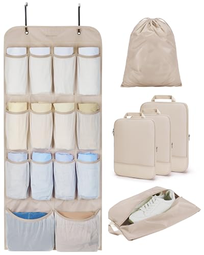 BAGSMART Hanging Compression Packing Cubes for Closet Organizers And Storage 6 Set Suitcase Organizer Bags Set Cruise Travel Essentials for Women Latte Brown