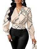 SweatyRocks Women's Long Sleeve Wrap V Neck Blouse Sexy Cropped Smocked Business Casual Shirts Tops Apricot Large