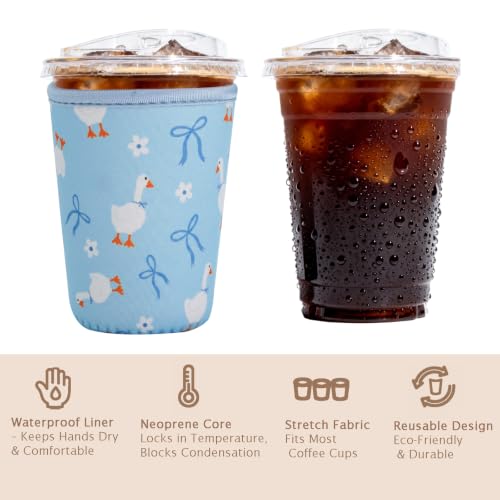 Image of Reusable Insulated Sleeve for Iced Coffee Cup, Coffee Neoprene Sleeve for Cold & Hot Drinks, Beverage Holder for Iced Coffee (Blue Geese, Medium: 22-24oz)