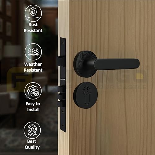 Image of Vigo Mortise Door Handle Lock Set - Premium Zinc Alloy Handle with Heavy-Duty Brass Lock Body & Cylinder | Black Finish | 3 Years Warranty | for Home, Office & Hotel Doors
