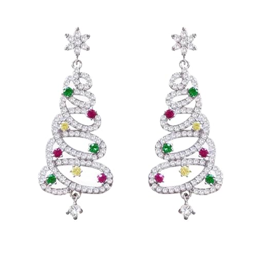 Image of 2 Pcs Christmas Tree Earrings for Women, Color Diamond Xmas Earring, Sterling Ear Acupuncture, Ladies Sparkly Zircon Drop, Christmas Jewellery, Christmass Earrings for Women Girls