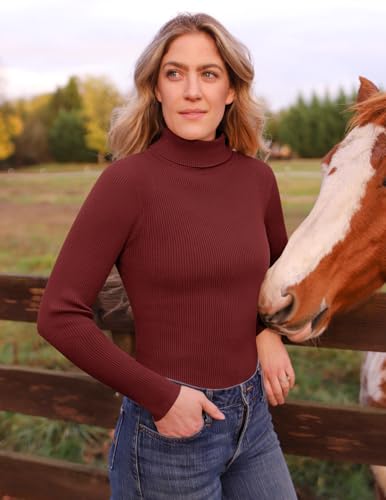Image of ZESICA Women's Turtleneck Long Sleeve Shirts 2026 Spring Trendy Tops Slim Fitted Ribbed Knit Basic Casual Sweater