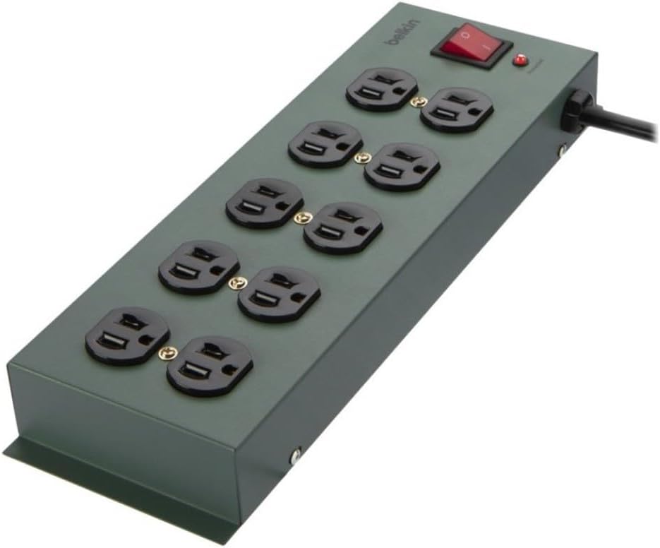 Belkin Power Strip Protector contra sobretensiones - 10 salidas múltiples de CA, cable de extensión de metal resistente de 15 pies de largo con orificios para montaje en pared para el hogar, la oficina, los viajes, la computadora de escritorio, la computadora portátil y la carga del teléfono - 5 unidades