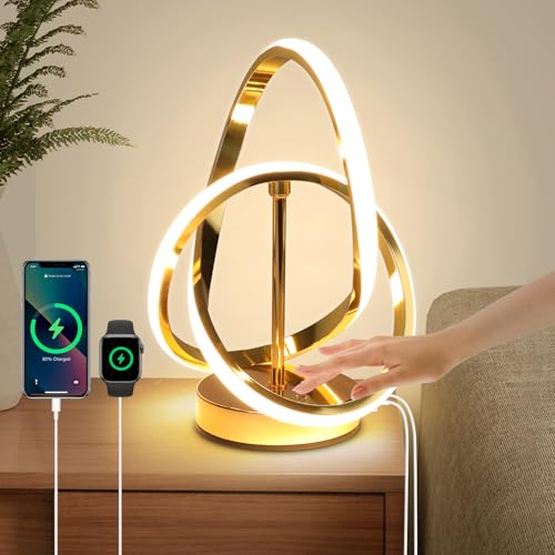 Modern LED Table Lamp,3 Color Temperatures,Touch Control Stepless Dimmable Bedside Table Lamp with USB Ports, Touch Control LED Nightstand Lamp, Desk Lamp for Living Room,Bedroom(Gold)