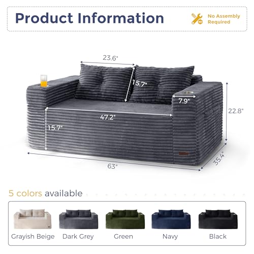 Image of MAXYOYO 63 inch Boneless Loveseat Sofa Couch for Small Spaces, Mini Love Seat Floor Couch with Cup Holders and Pillows, 2-Seater Upholstered Cloud Couch for Bedroom Apartment, No Assembly Required